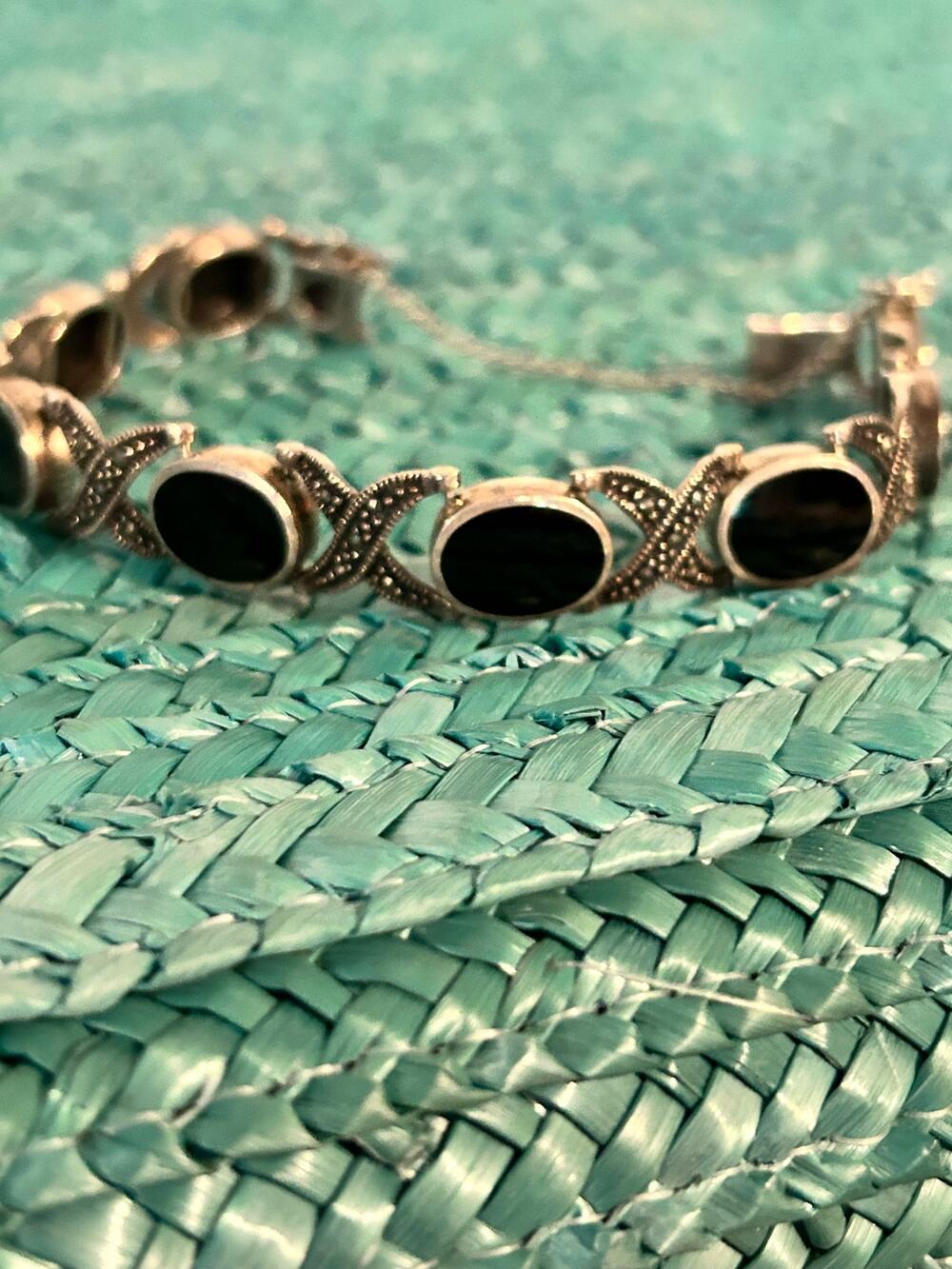 925 Sterling Silver Black Onyx XO Link Bracelet 7" Panel Bracelet Safety Clasp